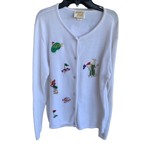 Vintage Golf Sweater Women’s Cardigan Tia Designs 80s 90s Embroidered clubs Bag - Picture 1 of 12
